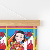 vintage kids traditional japanese oriental chinese dolls girls nursery toddler children kimono geisha flowers flags sun garden house anime manga