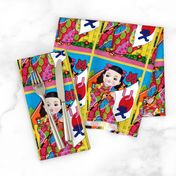 vintage kids traditional japanese oriental chinese dolls girls nursery toddler children kimono geisha flowers flags sun garden house anime manga