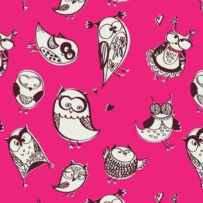 Quirky sketchy fun owl gang in hot pink