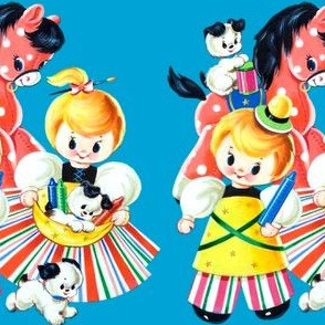  vintage kids retro kitsch children toddler nursery dolls rocking horses ponies pony puppies puppy crayons coloring