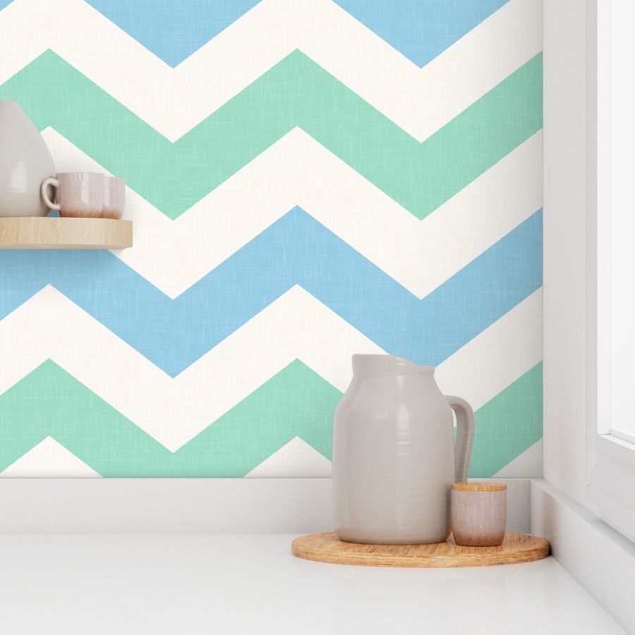 Bold Chevron in Sky and Mint Linen