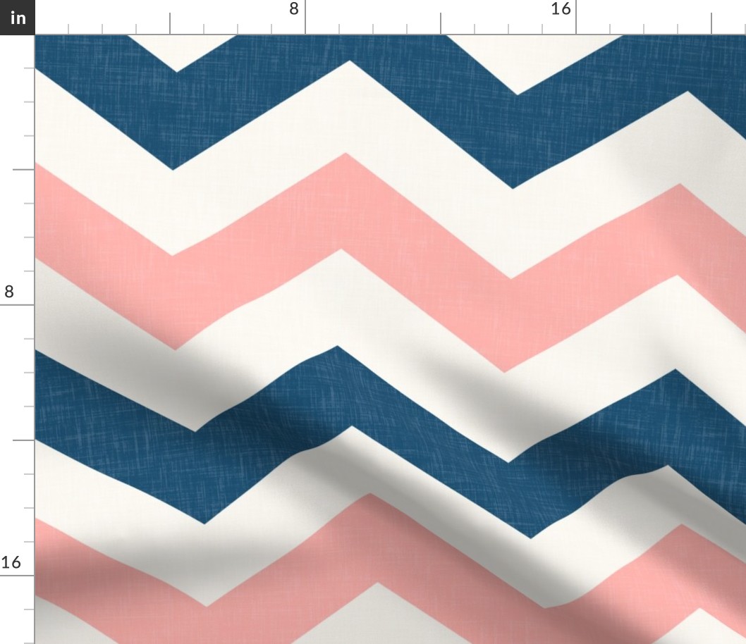 Bold Chevron in Navy and Coral Pink Linen