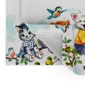 vintage retro kitsch cats kittens birds sky clouds children nursery children toddlers trees leaves kids fairy tales