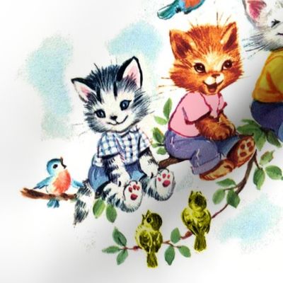 vintage retro kitsch cats kittens birds sky clouds children nursery children toddlers trees leaves kids fairy tales