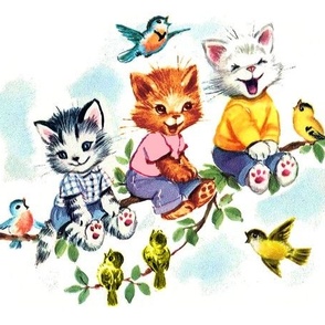 vintage retro kitsch cats kittens birds sky clouds children nursery children toddlers trees leaves kids fairy tales