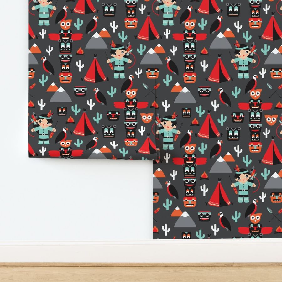 Wild west totem pole and indian mask pattern DARK