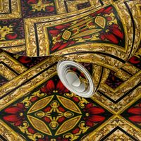 Stained Glass Harlequin Argyle Diamonds Red and Gold Tiles