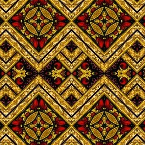 Stained Glass Harlequin Argyle Diamonds Red and Gold Tiles