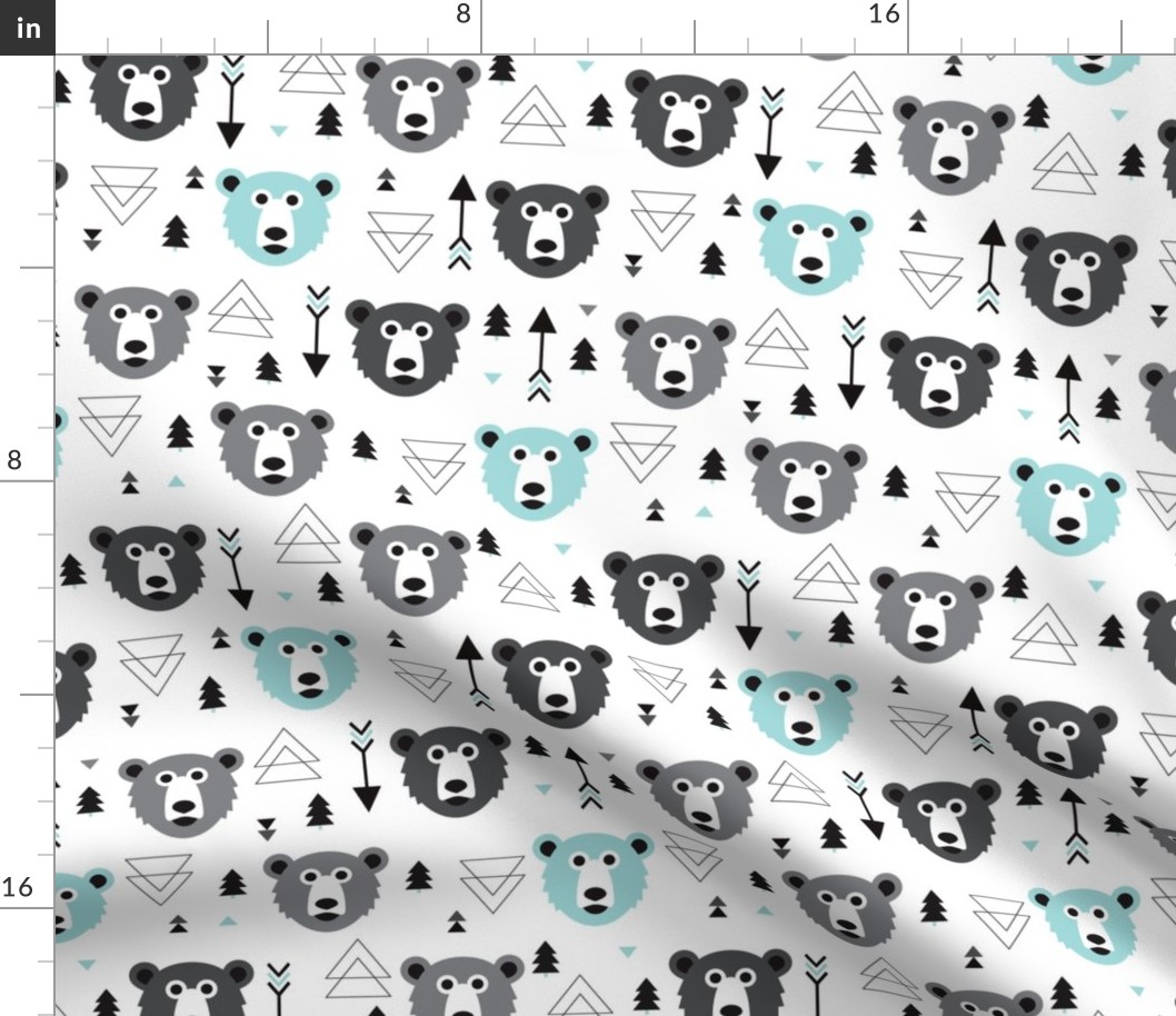 Geometric grizzly bear woodland illustration pattern blue