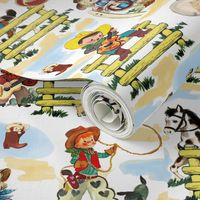 Sunday on the Ranch on white Cowboy Cowgirl Horse Fabric Paris Bebe