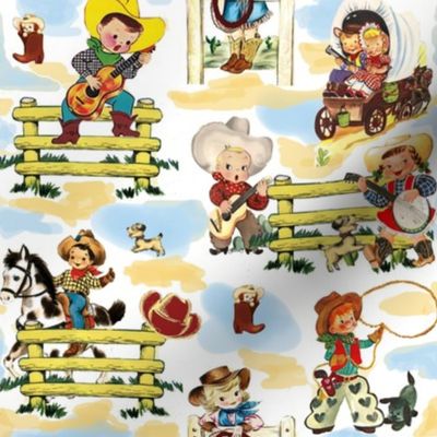 Sunday on the Ranch on white Cowboy Cowgirl Horse Fabric Paris Bebe