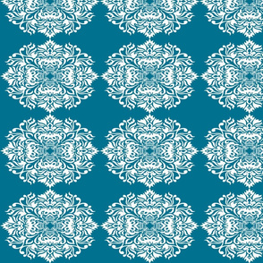 Damask White on Teal