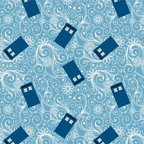 Small Blue Phone Boxes and White Swirls on Black