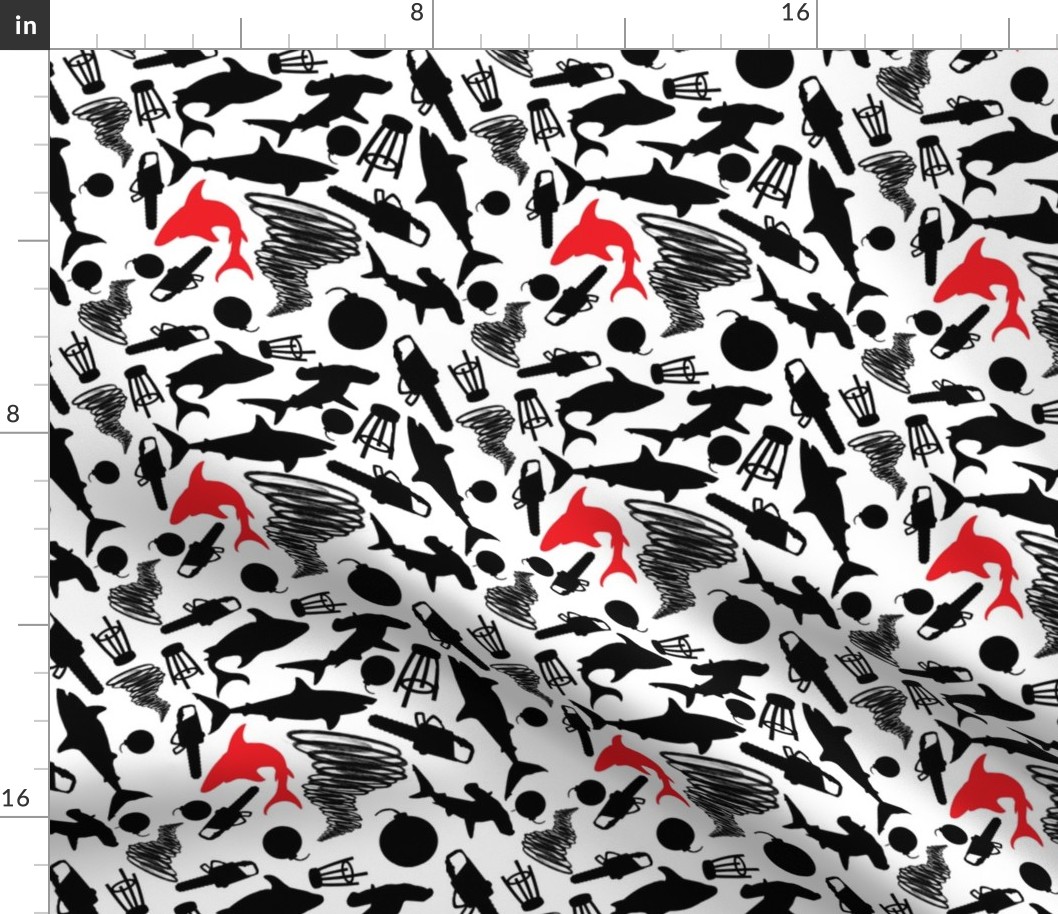 Sharks and Tornados Black and White with Red