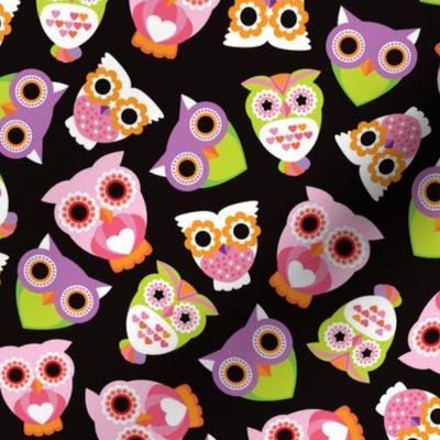 Colorful violet and green retro owls illustration girls pattern