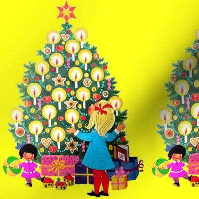 vintage kids Christmas trees children girls presents star candles crackers dolls houses balls rocking horse gifts whimsical toddlers infants 