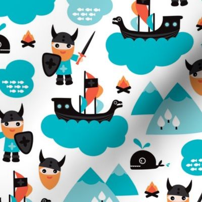 Scandinavian vikings and pirate ship illustration pattern