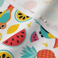 Exotic summer fruit paradise flamingo tucan pineapple and water melon illustration print