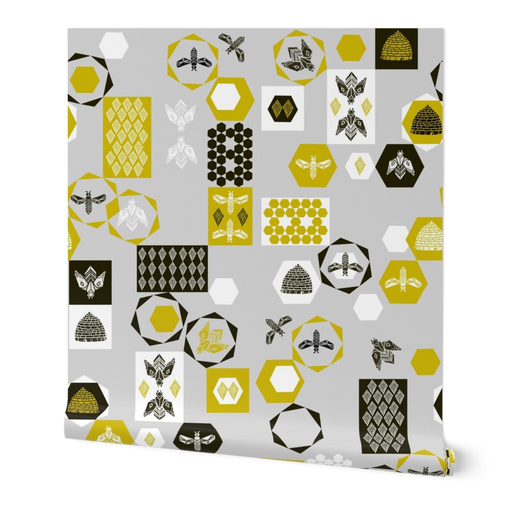 Bees Block - Grey Background by Andrea Lauren