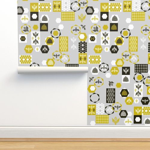 Bees Block - Grey Background by Andrea Lauren