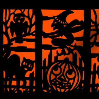 vintage retro kitsch halloween panels cats witches bumpkins cemetery cemeteries graves graveyards owls silhouette outlines jack lanterns shadows