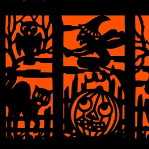 vintage retro kitsch halloween panels cats witches bumpkins cemetery cemeteries graves graveyards owls silhouette outlines jack lanterns shadows