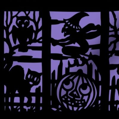 vintage retro kitsch halloween panels cats witches bumpkins cemetery cemeteries graves graveyards owls silhouette outlines jack lanterns shadows 