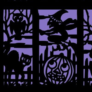 vintage retro kitsch halloween panels cats witches bumpkins cemetery cemeteries graves graveyards owls silhouette outlines jack lanterns shadows 