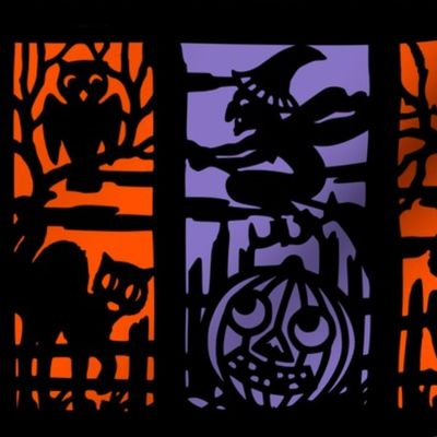 vintage retro kitsch halloween panels cats witches bumpkins cemetery cemeteries graves graveyards owls silhouette outlines jack lanterns shadows