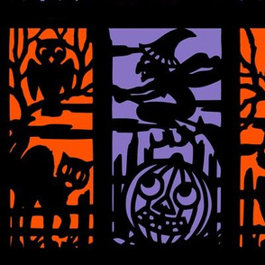 vintage retro kitsch halloween panels cats witches bumpkins cemetery cemeteries graves graveyards owls silhouette outlines jack lanterns shadows