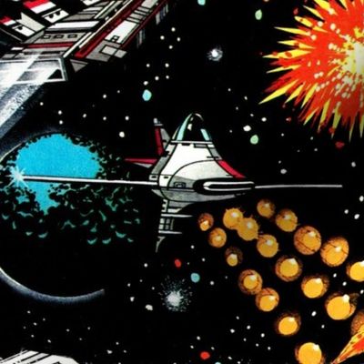 vintage retro kitsch science fiction futuristic spaceships rockets planets space galaxy shuttle Saturn moon pop art battles UFO 