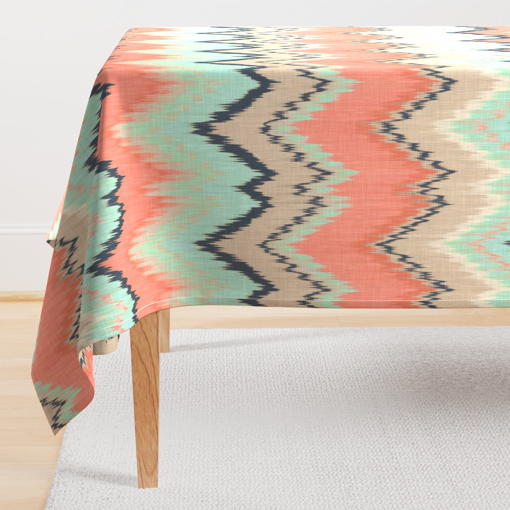 Large Scale Ikat Chevron in Mint, Coral and Navy