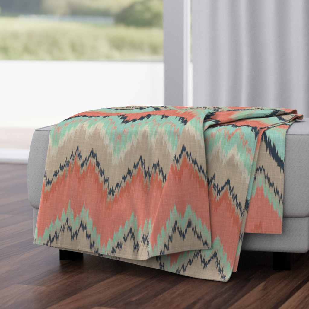 Large Scale Ikat Chevron in Mint, Coral and Navy