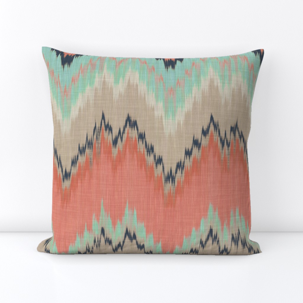 Large Scale Ikat Chevron in Mint, Coral and Navy