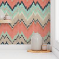 Large Scale Ikat Chevron in Mint, Coral and Navy