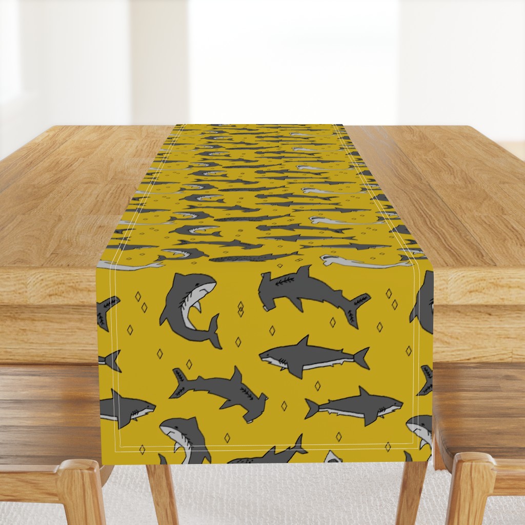 shark //  sharks mustard yellow grey kids room cute boys fabric sharks shark design shark fabric 