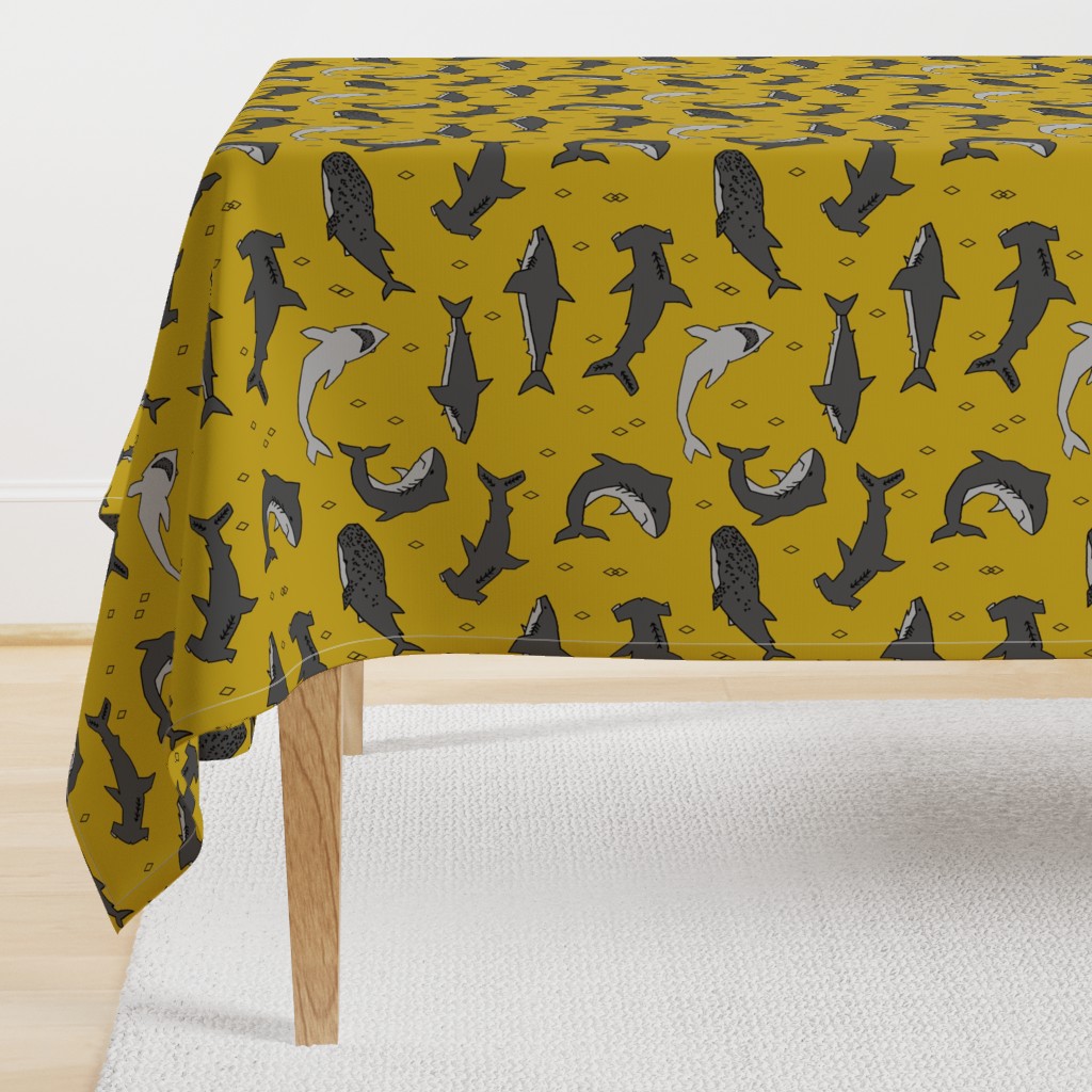 shark //  sharks mustard yellow grey kids room cute boys fabric sharks shark design shark fabric 