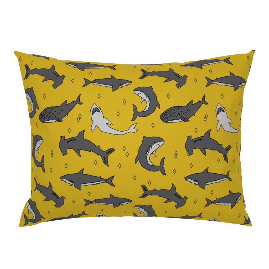 shark //  sharks mustard yellow grey kids room cute boys fabric sharks shark design shark fabric 