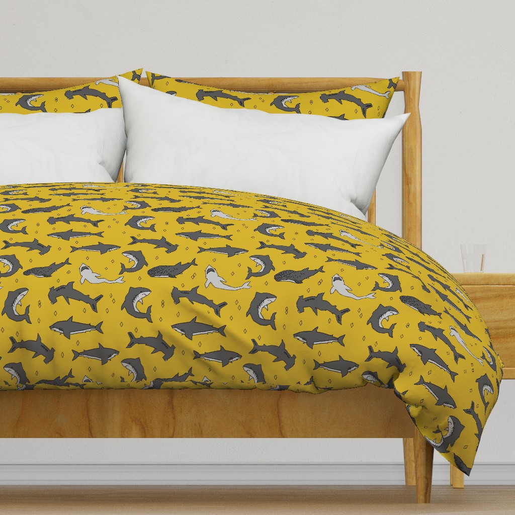 shark //  sharks mustard yellow grey kids room cute boys fabric sharks shark design shark fabric 