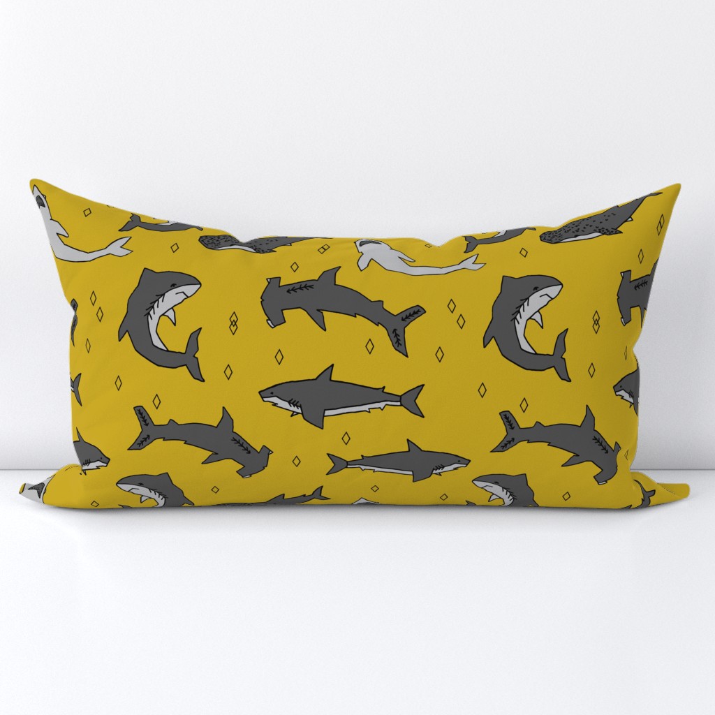 shark //  sharks mustard yellow grey kids room cute boys fabric sharks shark design shark fabric 