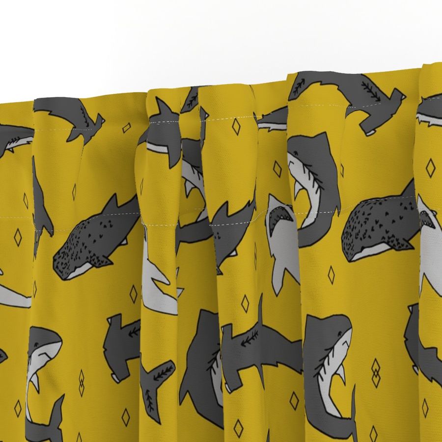 shark //  sharks mustard yellow grey kids room cute boys fabric sharks shark design shark fabric 