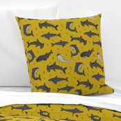 shark //  sharks mustard yellow grey kids room cute boys fabric sharks shark design shark fabric 