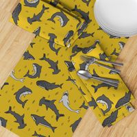 shark //  sharks mustard yellow grey kids room cute boys fabric sharks shark design shark fabric 