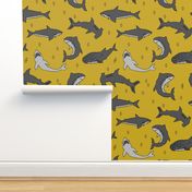 shark //  sharks mustard yellow grey kids room cute boys fabric sharks shark design shark fabric 