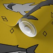 shark //  sharks mustard yellow grey kids room cute boys fabric sharks shark design shark fabric 