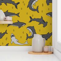 shark //  sharks mustard yellow grey kids room cute boys fabric sharks shark design shark fabric 