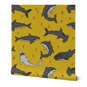 shark //  sharks mustard yellow grey kids room cute boys fabric sharks shark design shark fabric 