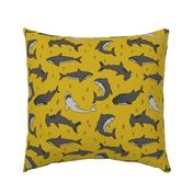 shark //  sharks mustard yellow grey kids room cute boys fabric sharks shark design shark fabric 