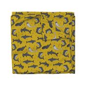 shark //  sharks mustard yellow grey kids room cute boys fabric sharks shark design shark fabric 