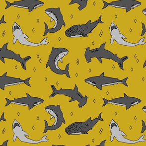 shark //  sharks mustard yellow grey kids room cute boys fabric sharks shark design shark fabric 